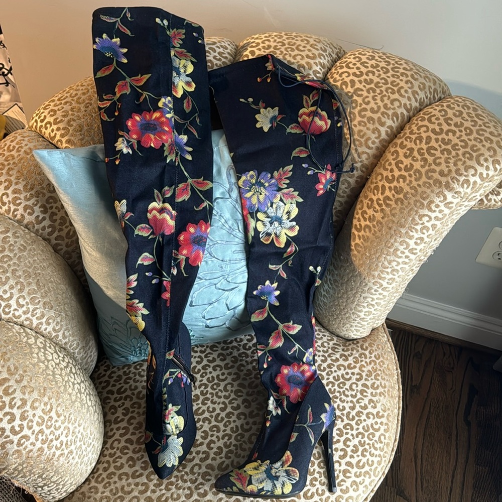 NIB OTK thigh-high black/blue denim floral stiletto point toe boot Glamour Chic